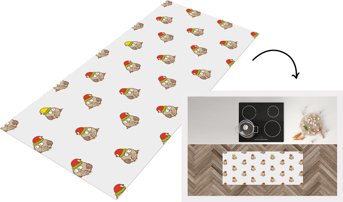 KitchenYeah Keukenloper - Loper keuken - Uil - Kerstmuts - Cartoon - Kind - Design - 120x50 cm - Keukenloper vinyl Multicolor