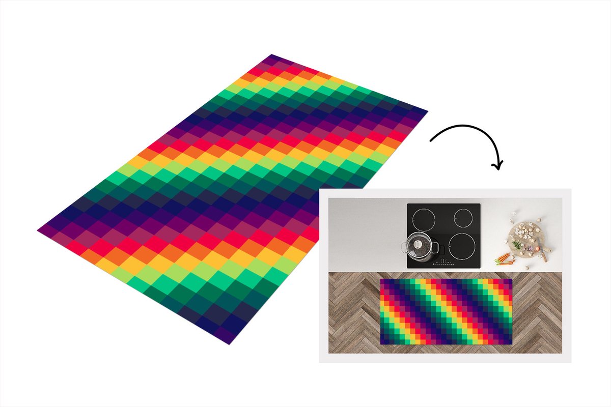 KitchenYeah Keukenloper - Loper keuken - Regenboog - Patronen - Pixel - 120x60 cm - Keukenloper vinyl Multicolor