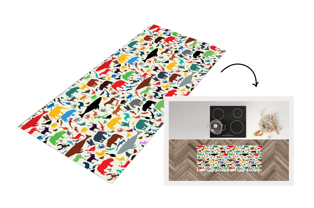 KitchenYeah Keukenloper - Loper keuken - Regenboog - Dieren - Patronen - Kinderen - 120x50 cm - Keukenloper vinyl Multicolor