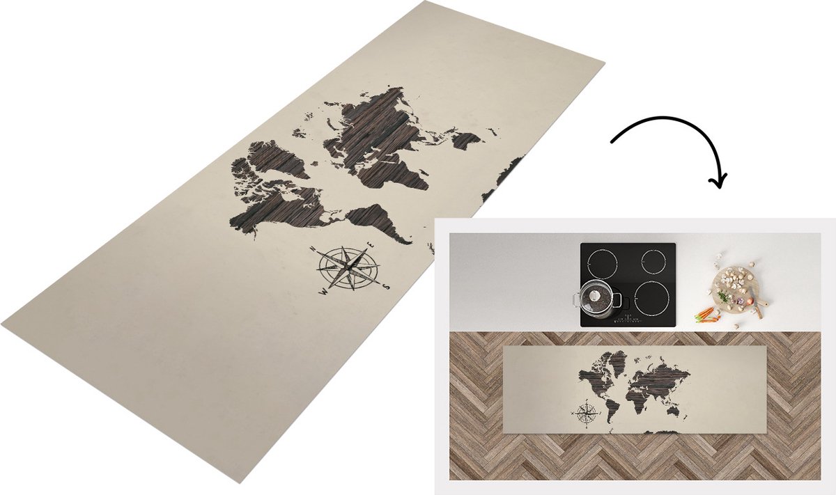 KitchenYeah Keukenloper - Loper keuken - Kaart - Hout - Windroos - 150x50 cm - Keukenloper vinyl Multicolor
