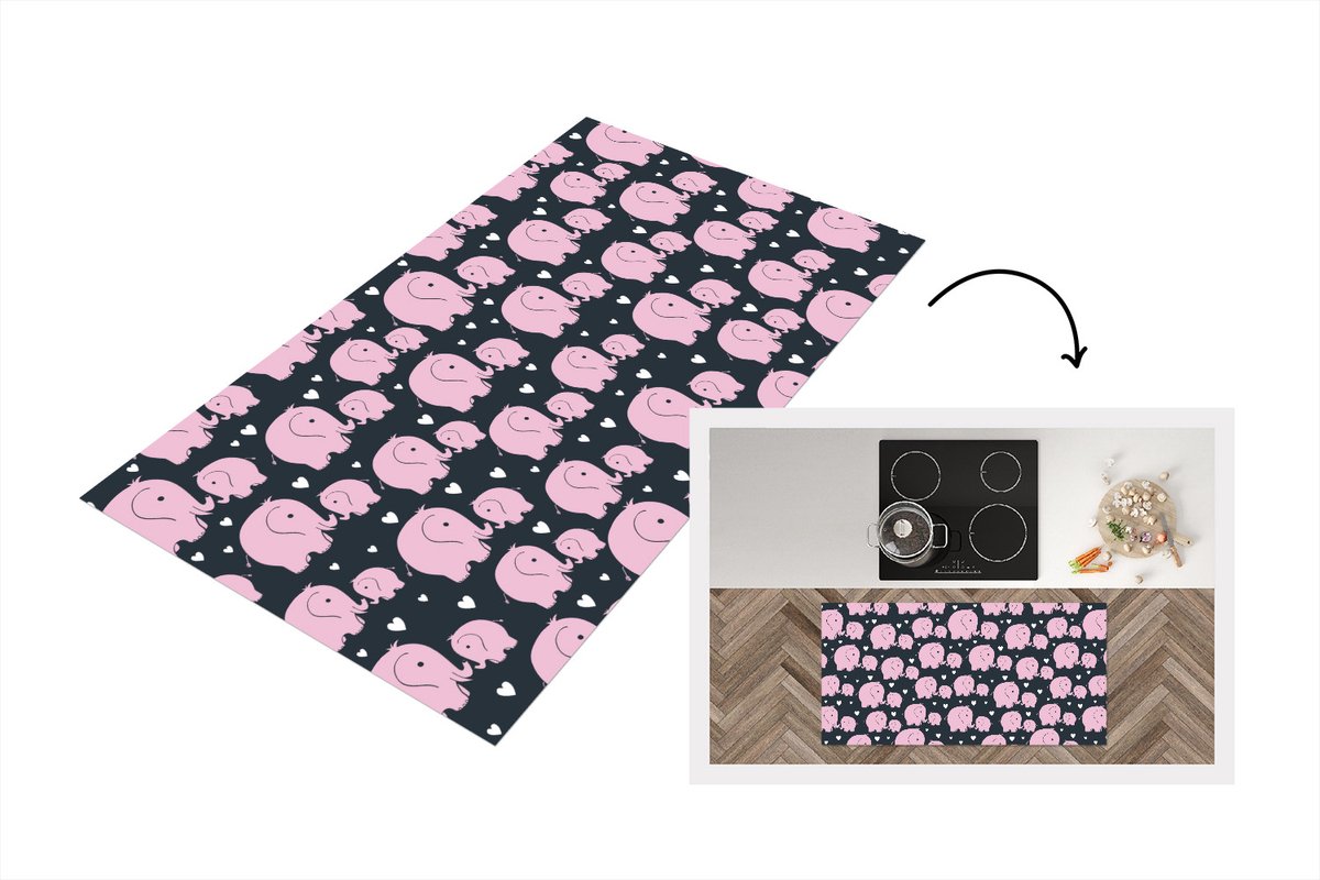 KitchenYeah Keukenloper - Loper keuken - Olifant - Hart - Patroon - 120x60 cm - Keukenloper vinyl Multicolor