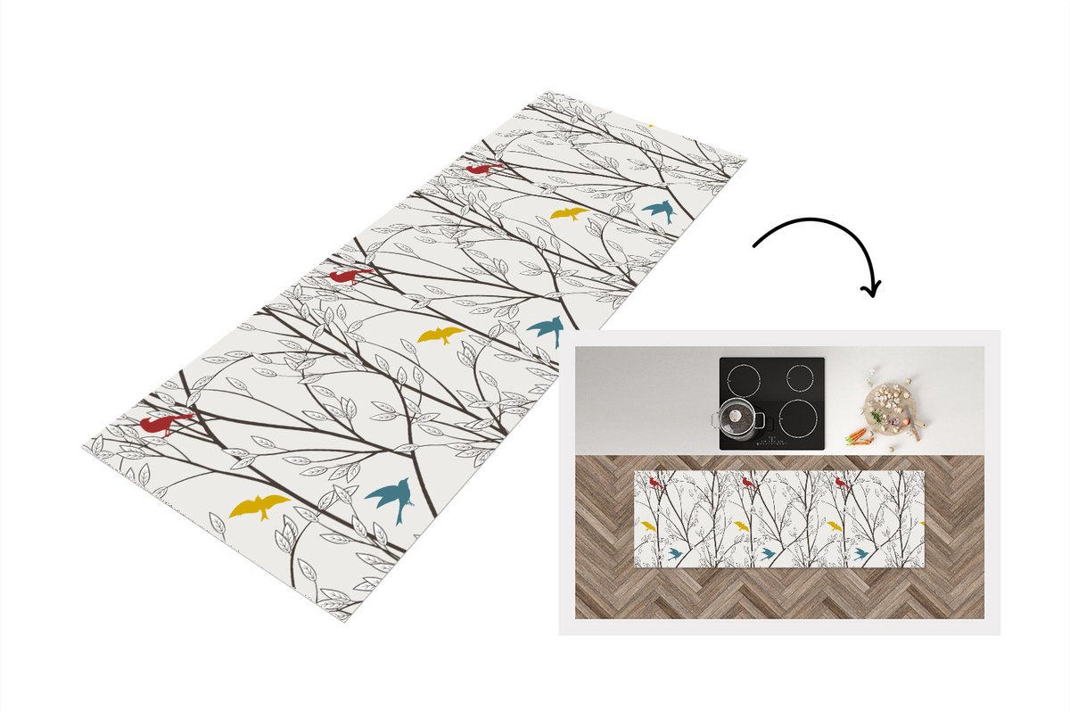 KitchenYeah Keukenloper - Loper keuken - Patronen - Planten - Vogel - 150x50 cm - Keukenloper vinyl Multicolor