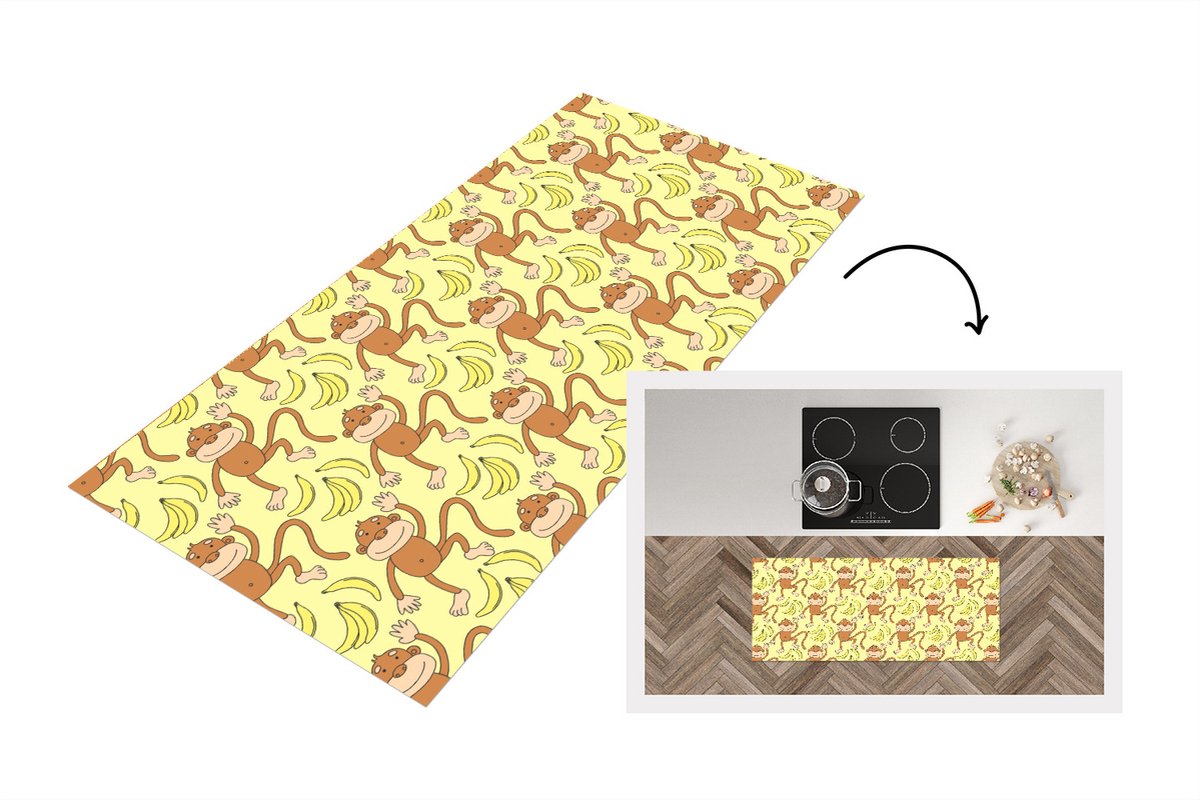 KitchenYeah Keukenloper - Loper keuken - Patroon - Aap - Banaan - 120x50 cm - Keukenloper vinyl Multicolor