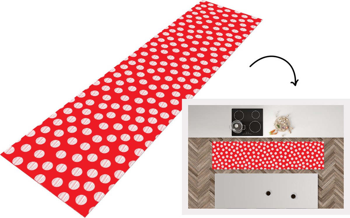 KitchenYeah Keukenloper - Loper keuken - Stippen - Polka dot - Patronen - Rood - Wit - 200x50 cm - Keukenloper vinyl Multicolor