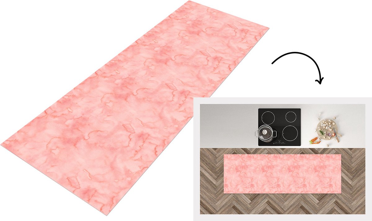 KitchenYeah Keukenloper - Loper keuken - Waterverf - Patroon - Roze - Marmer - 180x60 cm - Keukenloper vinyl Multicolor