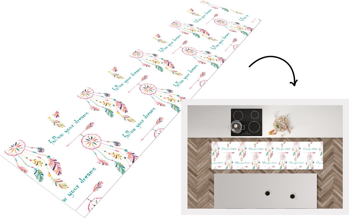 KitchenYeah Keukenloper - Loper keuken - Dromen - Dromenvanger - Veren - Patronen - Regenboog - 240x60 cm - Keukenloper vinyl Multicolor