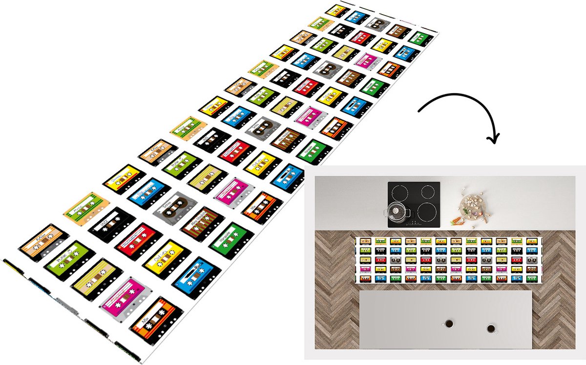 KitchenYeah Keukenloper - Loper keuken - Patronen - Cassettebandjes - Muziek - 200x50 cm - Keukenloper vinyl Multicolor