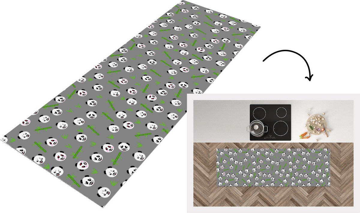 KitchenYeah Keukenloper - Loper keuken - Panda - Bamboe - Design - 180x60 cm - Keukenloper vinyl Multicolor