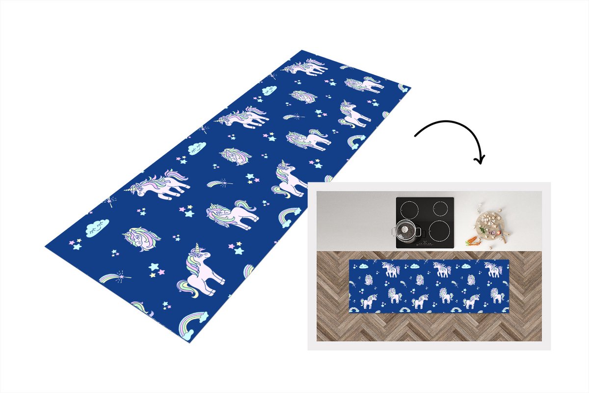 KitchenYeah Keukenloper - Loper keuken - Unicorn - Sterren - Patroon - 150x50 cm - Keukenloper vinyl Multicolor