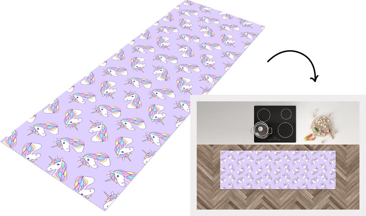 KitchenYeah Keukenloper - Loper keuken - Eenhoorn - Pastel - Patronen - 180x60 cm - Keukenloper vinyl Multicolor