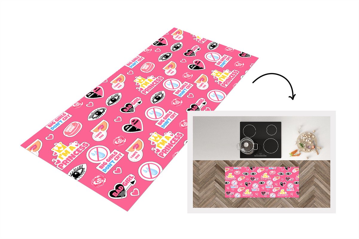KitchenYeah Keukenloper - Loper keuken - Meisjes - Roze - Prinses - Patroon - 120x50 cm - Keukenloper vinyl Multicolor