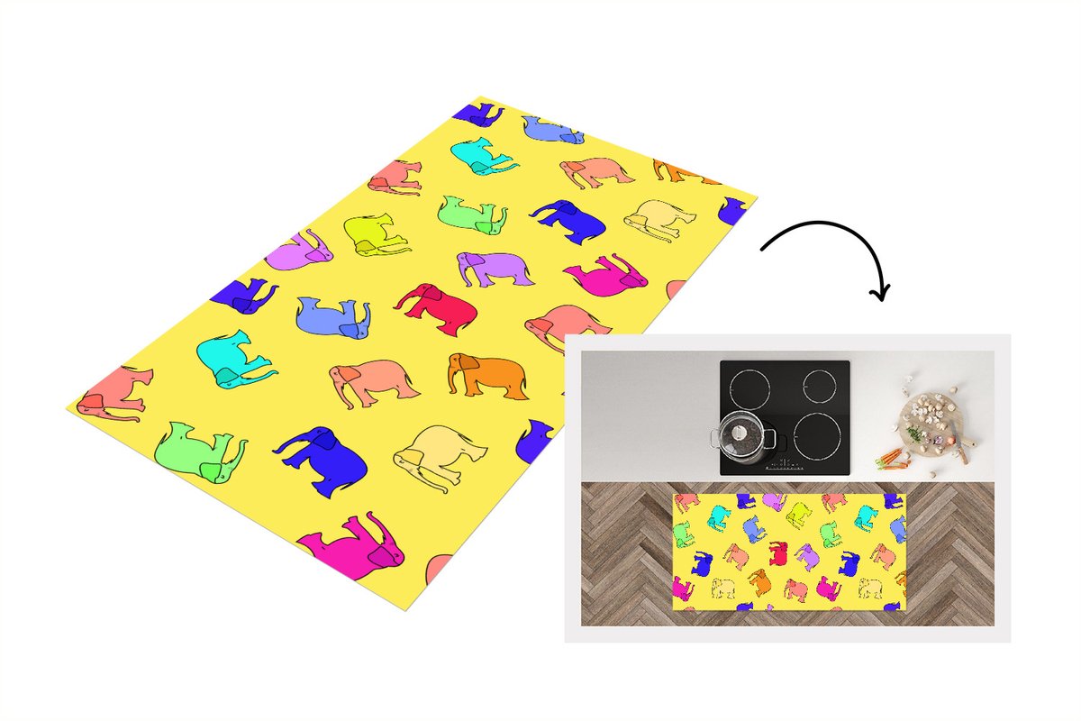 KitchenYeah Keukenloper - Loper keuken - Olifant - Geel - Patronen - 120x60 cm - Keukenloper vinyl Multicolor