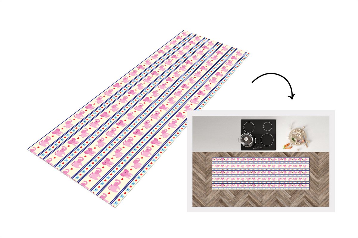 KitchenYeah Keukenloper - Loper keuken - Roze - Olifant - Lijn - Design - 180x60 cm - Keukenloper vinyl Multicolor