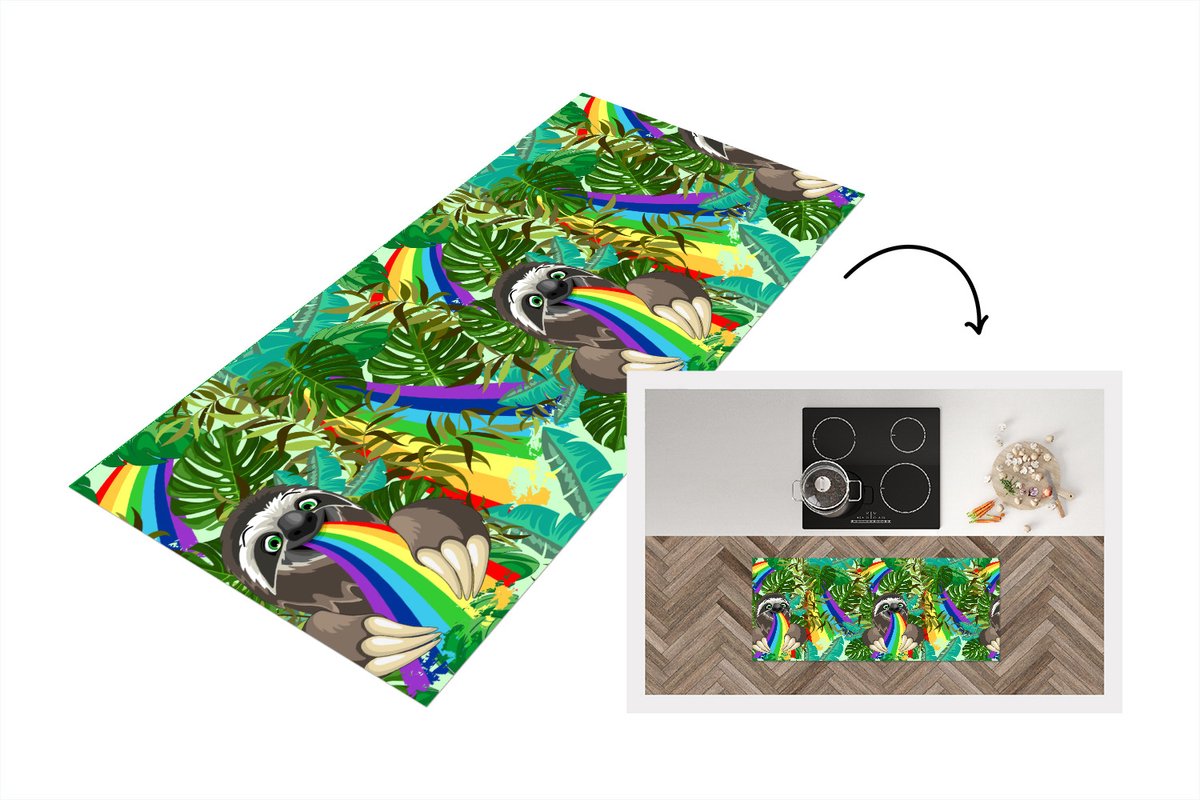 KitchenYeah Keukenloper - Loper keuken - Luiaard - Regenboog - Bladeren - Patronen - 120x50 cm - Keukenloper vinyl Multicolor