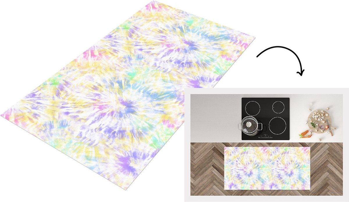 KitchenYeah Keukenloper - Loper keuken - Zomer - Patronen - Regenboog - Tie dye - 120x60 cm - Keukenloper vinyl Multicolor