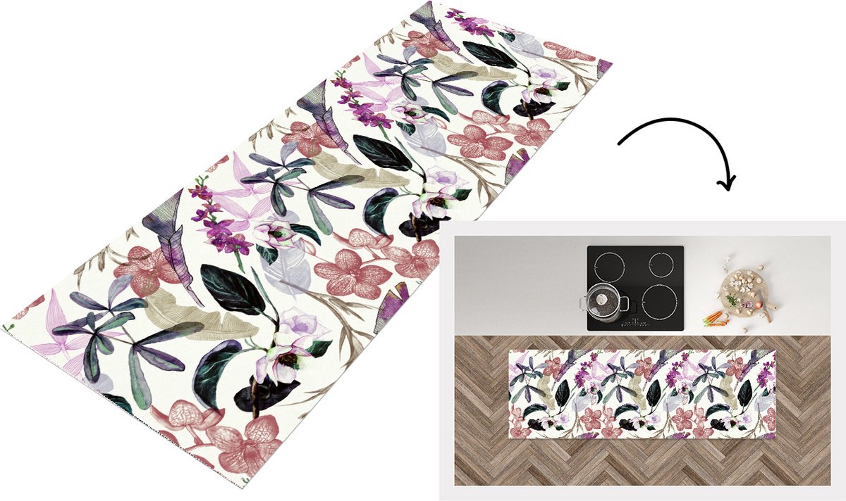KitchenYeah Keukenloper - Loper keuken - Jungle - Bloemen - Vintage - Patronen - 150x50 cm - Keukenloper vinyl Multicolor
