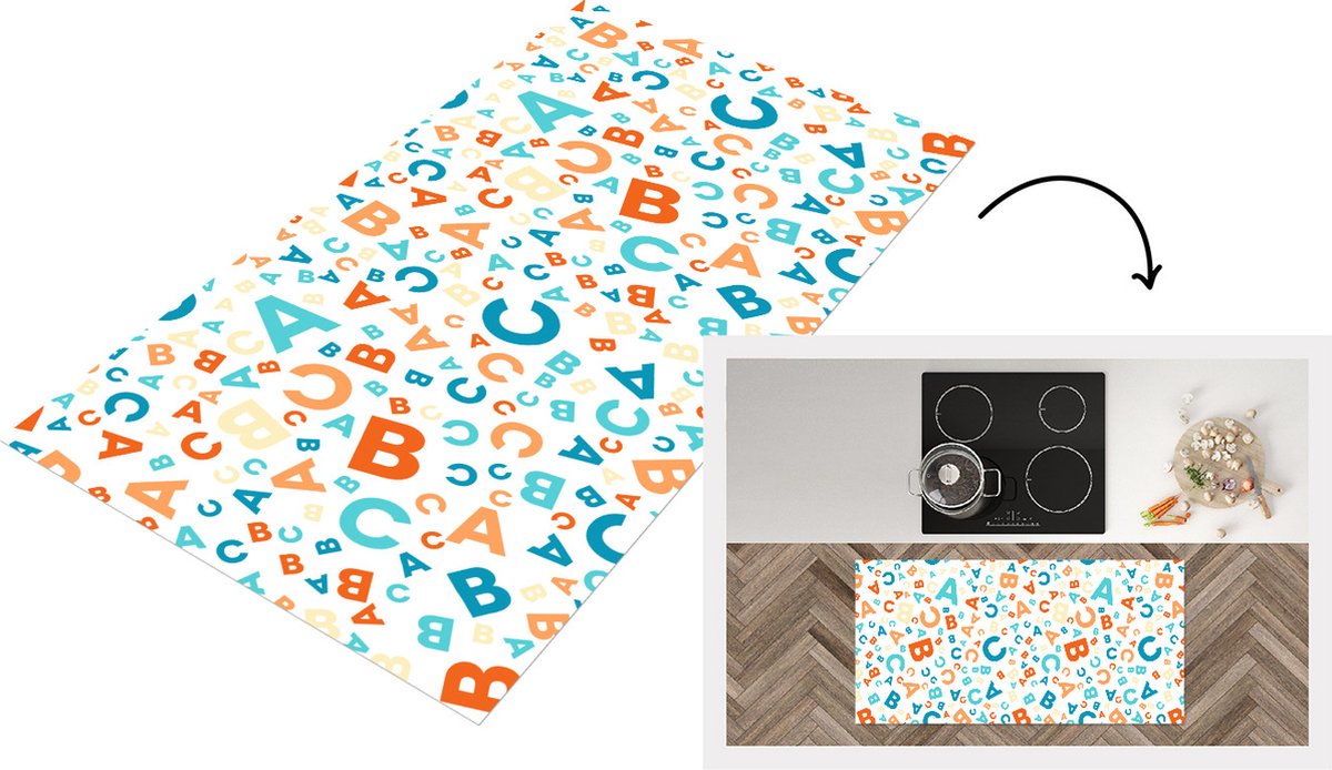 KitchenYeah Keukenloper - Loper keuken - Letters - Abc - Oranje - Blauw - Patronen - 120x60 cm - Keukenloper vinyl Multicolor