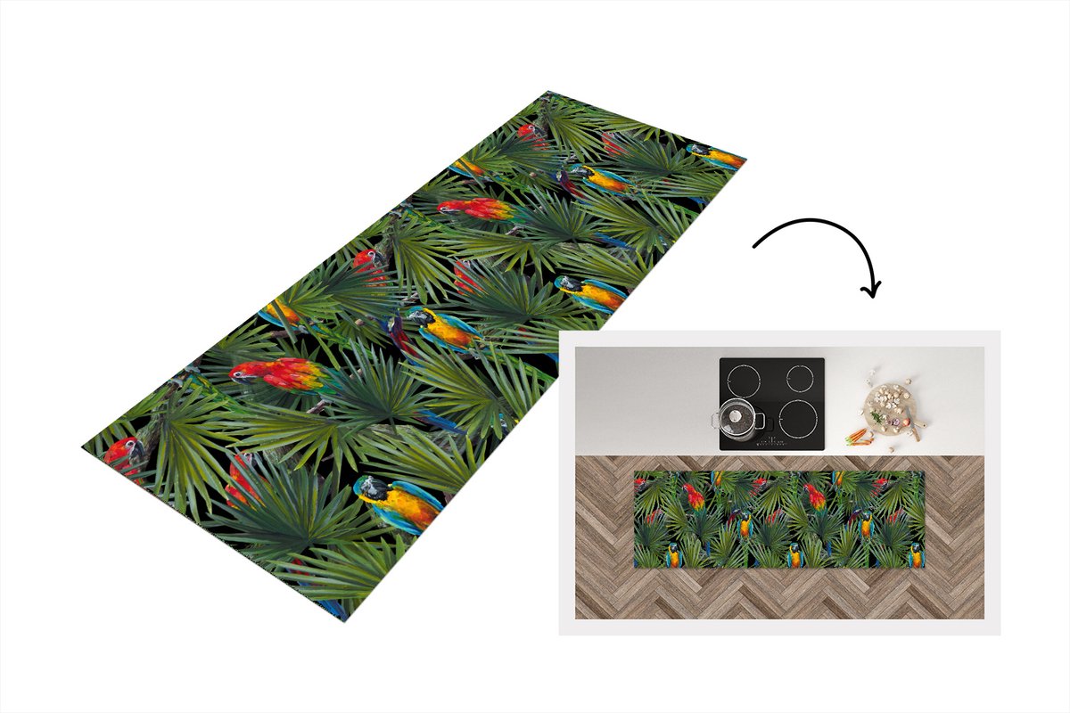 KitchenYeah Keukenloper - Loper keuken - Papegaai - Jungle - Patronen - 150x50 cm - Keukenloper vinyl Multicolor