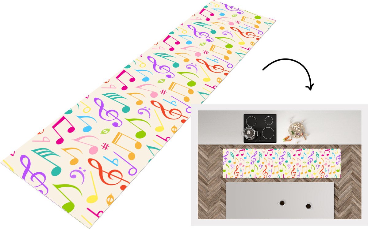 KitchenYeah Keukenloper - Loper keuken - Muziek - Patronen - Regenboog - 200x50 cm - Keukenloper vinyl Multicolor