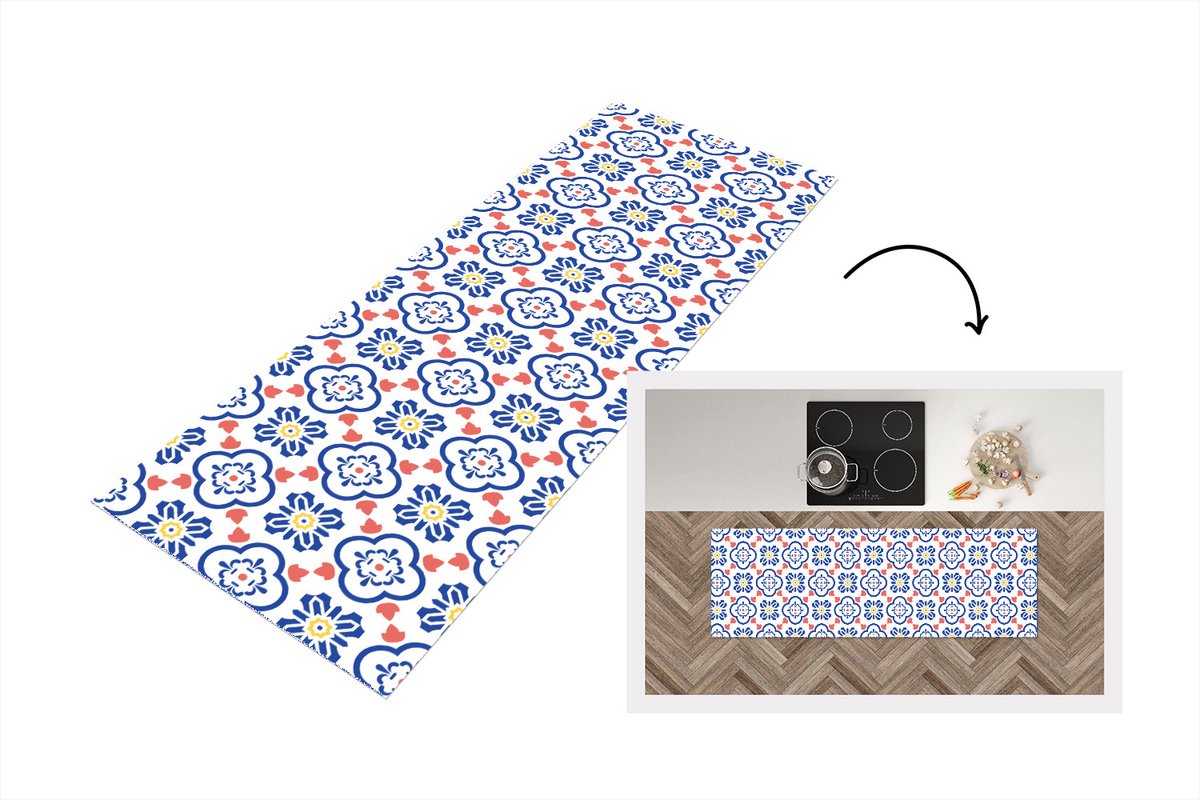 KitchenYeah Keukenloper - Loper keuken - Bloem - Blauw - Rood - Patroon - 180x60 cm - Keukenloper vinyl Multicolor