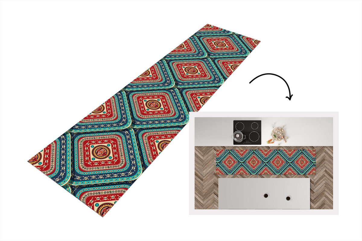 KitchenYeah Keukenloper - Loper keuken - Azteken - Patronen - Schedel - 200x50 cm - Keukenloper vinyl Multicolor