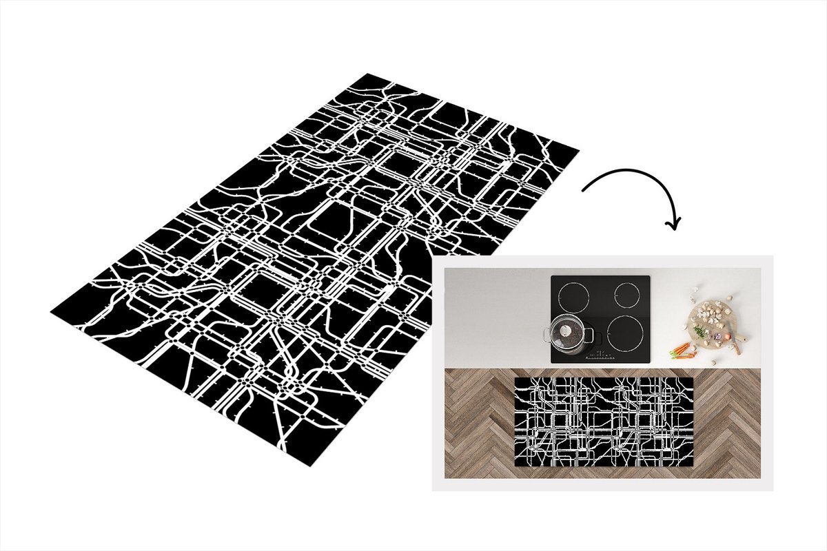 KitchenYeah Keukenloper - Loper keuken - Netwerk - Patronen - Zwart Wit - Computer - 120x60 cm - Keukenloper vinyl Zwart; Wit