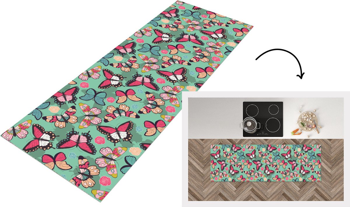 KitchenYeah Keukenloper - Loper keuken - Vlinders - Patronen - Lente - 150x50 cm - Keukenloper vinyl Multicolor
