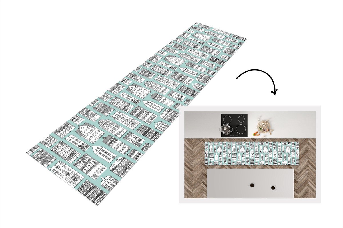 KitchenYeah Keukenloper - Loper keuken - Patronen - Huis - Skyline - 240x60 cm - Keukenloper vinyl Multicolor
