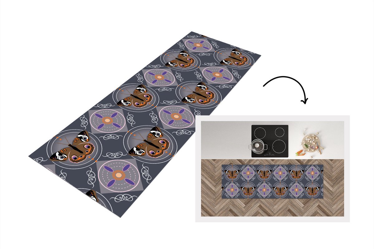 KitchenYeah Keukenloper - Loper keuken - Patronen - Vlinders - Abstract - 180x60 cm - Keukenloper vinyl Multicolor