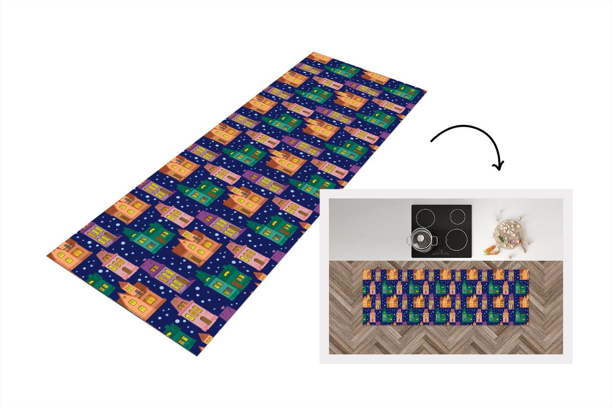 KitchenYeah Keukenloper - Loper keuken - Winter - Patroon - Huis - 150x50 cm - Keukenloper vinyl Multicolor