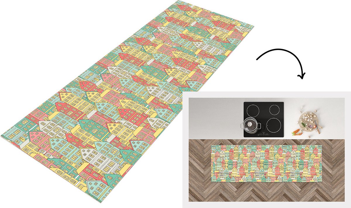 KitchenYeah Keukenloper - Loper keuken - Huis - Patronen - Pastel - 150x50 cm - Keukenloper vinyl Multicolor