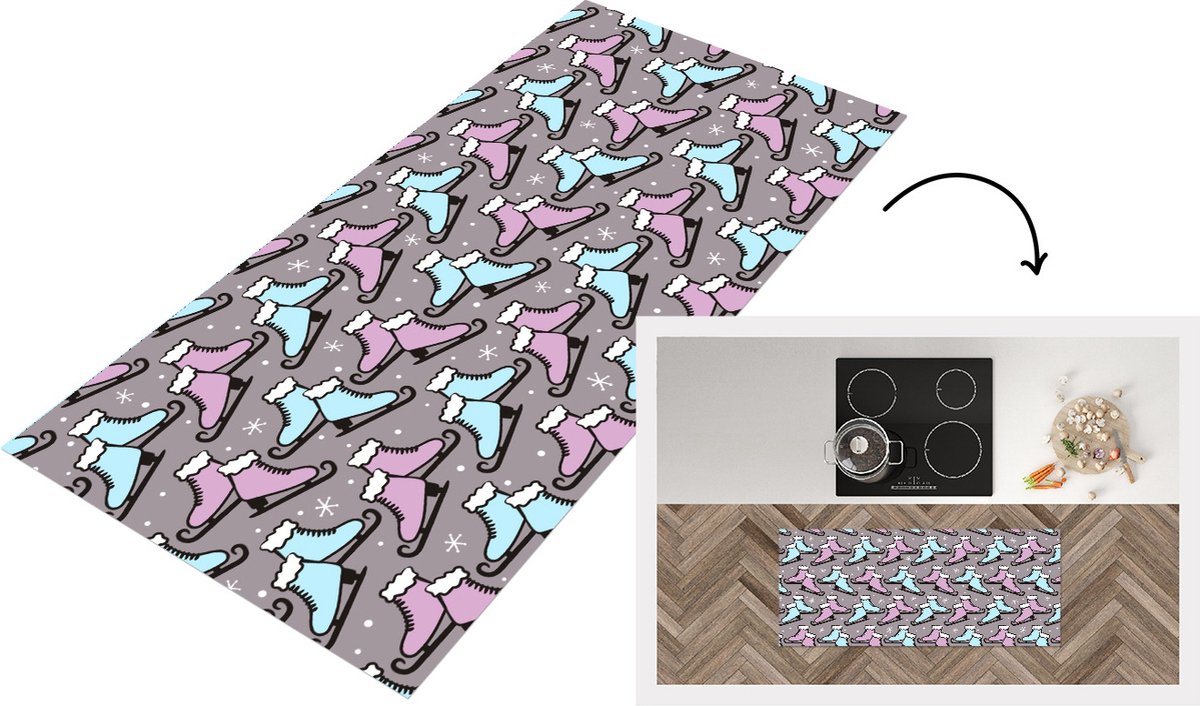 KitchenYeah Keukenloper - Loper keuken - Schaatsen - Patroon - Winter - 120x50 cm - Keukenloper vinyl Multicolor