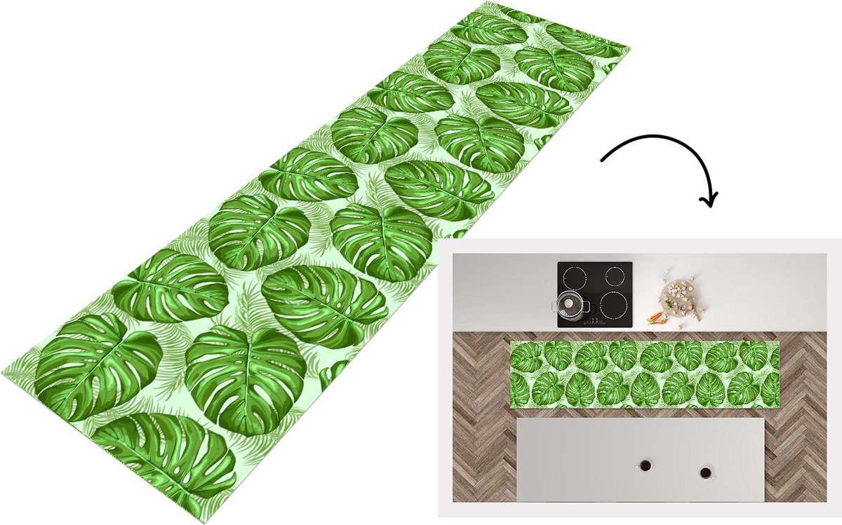 KitchenYeah Keukenloper - Loper keuken - Monstera - Palmblad - Patronen - 200x50 cm - Keukenloper vinyl Multicolor