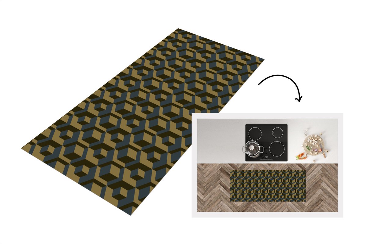 KitchenYeah Keukenloper - Loper keuken - Blokken - Patronen - Kubus - Keukenloper vinyl Multicolor