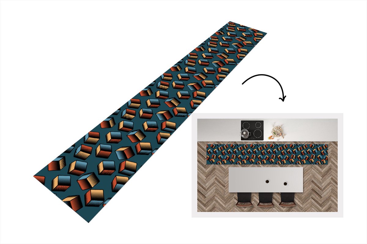 KitchenYeah Keukenloper - Loper keuken - Patronen - Cube - 3D - 300x50 cm - Keukenloper vinyl Multicolor