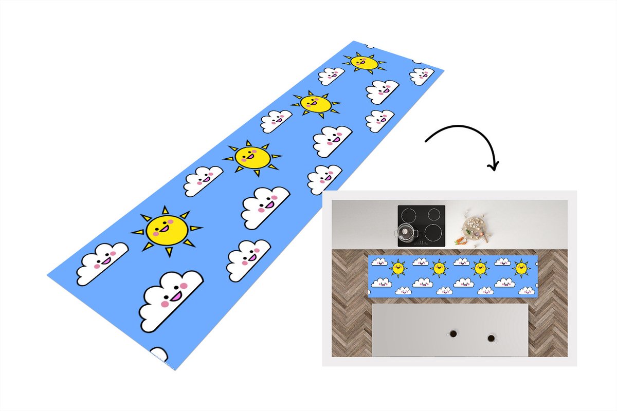 KitchenYeah Keukenloper - Loper keuken - Kawaii - Patronen - Zon - Kinderen - 240x60 cm - Keukenloper vinyl Multicolor