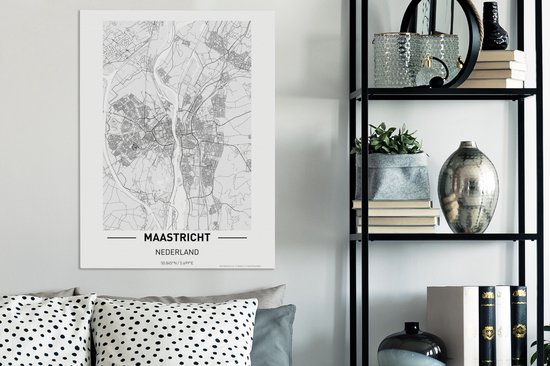 Carte Peinture sur Toile - Maastricht - Zwart - Wit - 60x80 cm - Décoration murale - Plan de la Ville