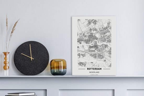 Tableau sur Toile City Map - Rotterdam - Zwart - Wit - 30x40 cm - Décoration murale - Carte