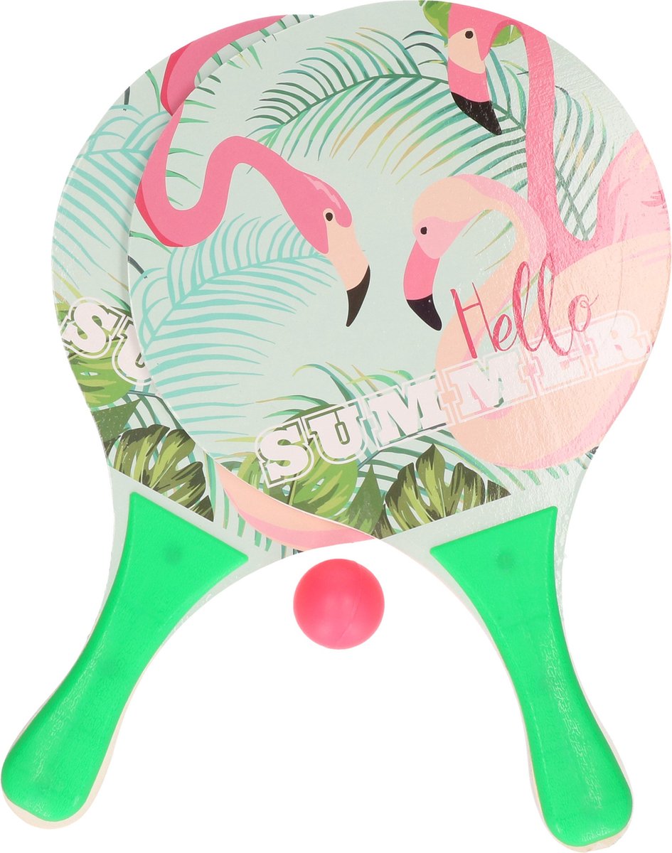 Groene beachball set met flamingoprint buitenspeelgoed - Houten beachballset - Rackets/batjes en bal - Tennis ballenspel