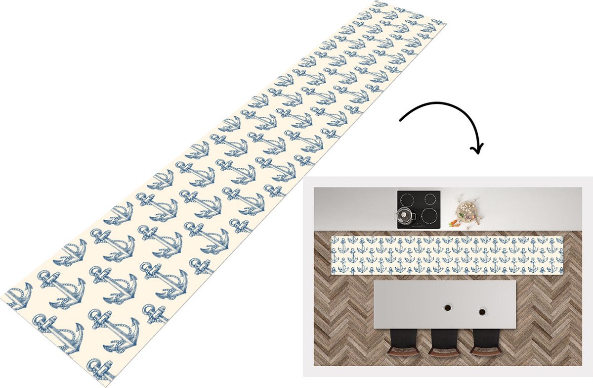 KitchenYeah Keukenloper - Keukenmat - Vintage - Anker - Strand - Zee - Patronen - 360x60 cm - Keuken vloerkleed Multicolor