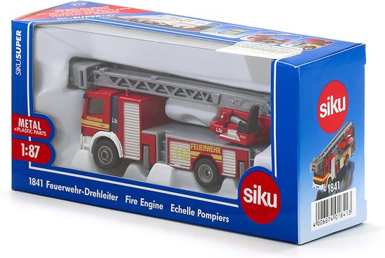 Rode Siku brandweerwagen met uitschuifbare ladder, schaal 1:87, in verpakking.