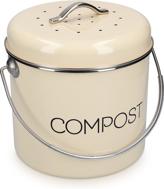 Navaris metalen compostbak 5L - Afvalbakje met 3x filter tegen vieze geuren - Prullenbak met deksel voor gft-afval - Compostemmer keuken - Crème