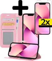 Hoesje Geschikt voor iPhone 13 Hoesje Book Case Hoes Wallet Cover Met 2x Screenprotector - Hoes Geschikt voor iPhone 13 Hoesje Bookcase Hoes - Lichtroze