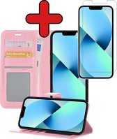 iPhone 13 Hoesje Book Case Hoes Portemonnee Cover Met Screenprotector - iPhone 13 Case Hoesje Wallet Case - Licht Roze