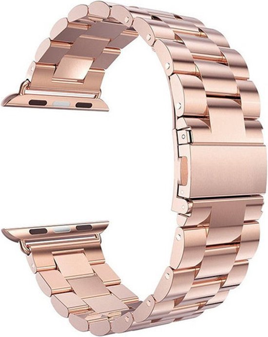 Rosegouden Apple Watch band van roestvrij staal met vlindersluiting.