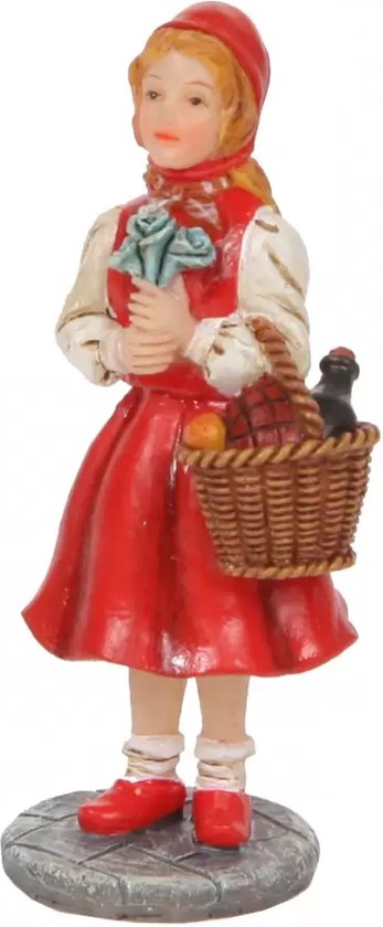 Figuur van Roodkapje in rode jurk, met mandje en bosje bloemen.