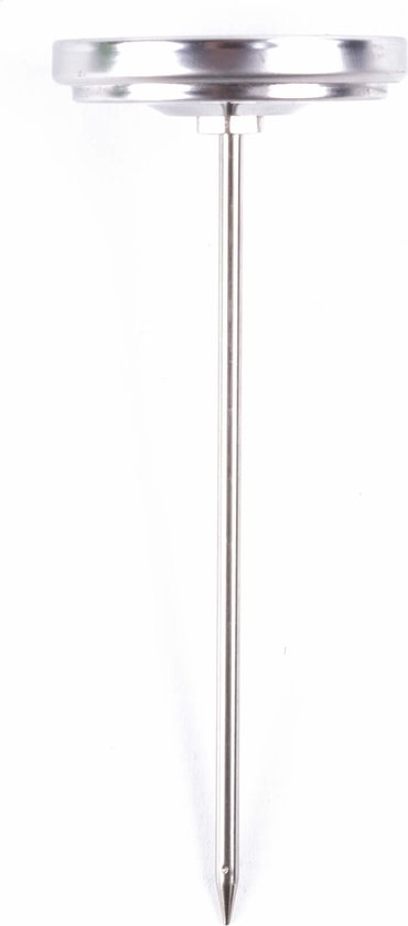 Zilverkleurige vleesthermometer met een lange, puntige sonde en een ronde wijzerplaat.