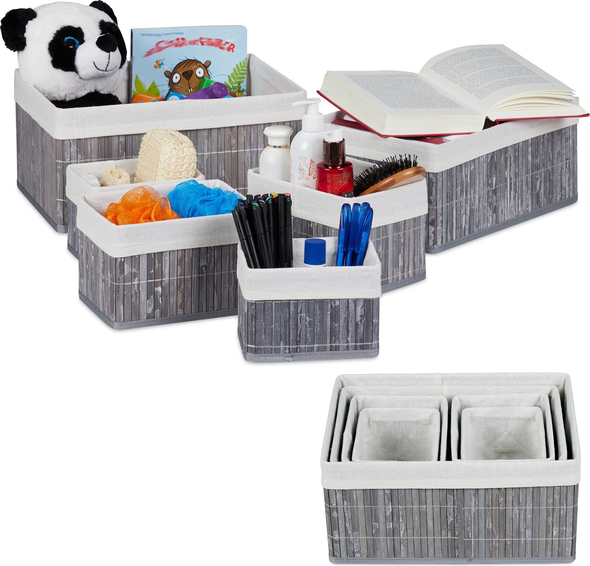 12x opbergmand bamboe - grijze manden set - badkamer - opbergbox kinderkamer