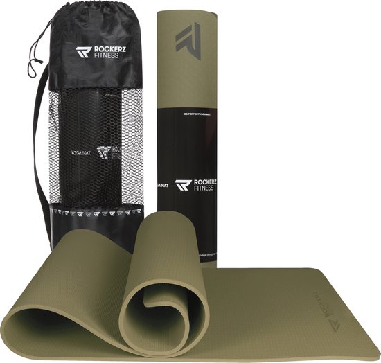 Rockerz Yoga mat - Fitness mat - Sport mat - Yogamat anti slip & eco - Extra Dik - Duurzaam TPE materiaal - Incl Draagtas - Kleur: Olijfgroen