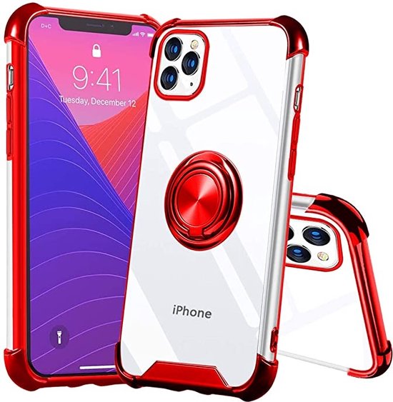 Hoesje Geschikt voor iPhone 11 Pro Max hoesje silicone met ringhouder Back Cover case - Transparant/Rood